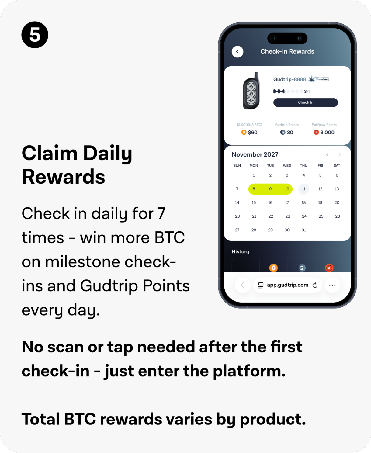 Claim daily Gudtrip rewards and milestone check-ins
